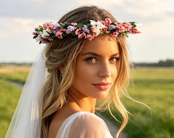 Corona bohemia de flores secas, corona para niña, tocado rústico para novia, regalos para recién nacidos