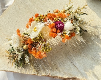 Peineta de flores secas color naranja quemado: boda rústica bohemia, accesorios de novia naturales