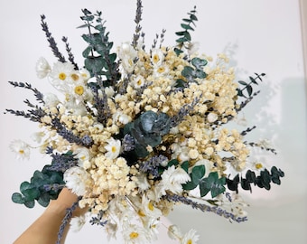 Ramo de novia bohemio de flores secas, ramo mixto de margaritas, eucalipto y lavanda, accesorios rústicos para bodas.