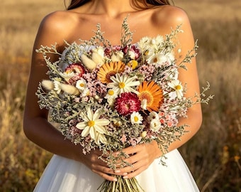 Ramo de novia de flores silvestres mixtas secas, ramo de boda de paniculata color óxido y margarita, decoración del hogar