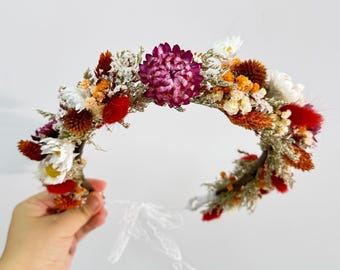 Autumn Dried Flower Crown, Baby's Breath Daisy Wreath, Rustic Wedding Bridal Headpiece