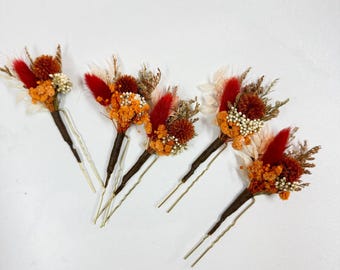 Burnt Orange Dried Wildflower Hair Pins, Bohemian Bridal Accessories Set