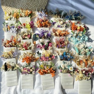 Op de afbeelding: Een verzameling droogbloemstukken in kleine, witte, rechthoekige containers. De bloemen zijn een mix van kleuren, waaronder oranje, geel, roze, blauw en wit. De containers zijn gerangschikt op een wit oppervlak.