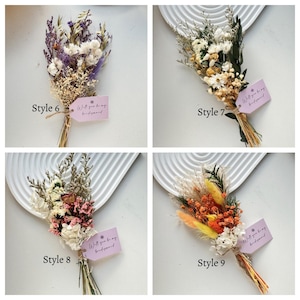 May include: Four bouquets of dried flowers, each tied with twine and a tag that reads "Will you be my bridesmaid". The bouquets feature a variety of colors, including purple, white, orange, and yellow. Each bouquet is labeled with a style number.