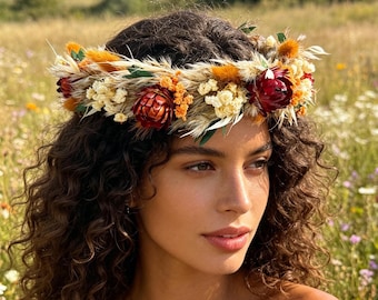Corona de flores secas de hierba de la Pampa natural, corona floral de otoño, tocado para niña, boda rústica