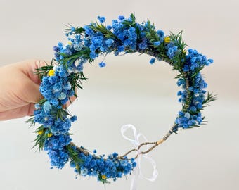 Mixed Blue Baby's Breath Dried Flower Crown, Bohemian Wedding Headpiece, Rustic Bridal Hair Accessories