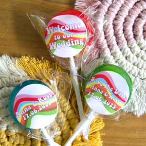 Personalised Lollies/Lollipops/Lolly Pops | Custom Groovy 70s Wedding Save The Date Thank You Favours