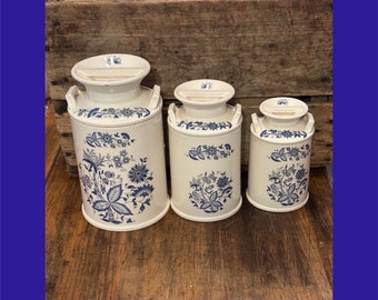 Vintage White Ceramic Canisters With Blue Folk Art Flowers Set of 3