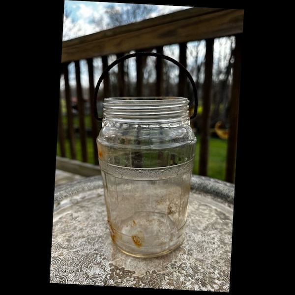 Pickle Jar by Hazel Atlas Glass Barrel Shaped with Metal Handle 7.5” MCM