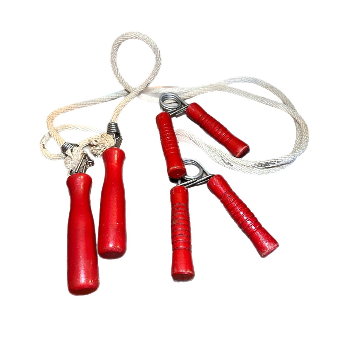 Vintage Red Wooden Handles Jumprope White Braided Rope, & Hand ...