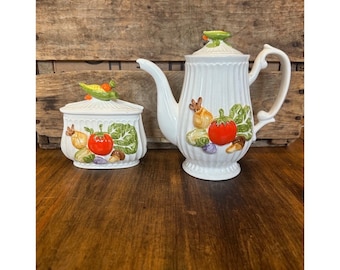 Vintage Teapot & Napkin Holder Ceramic Vegetable Garden Theme