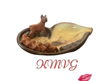Vintage Tilso Ceramic Boxer Dog & Puppies Brown Glazed Heart Shaped Ashtray 8.5”