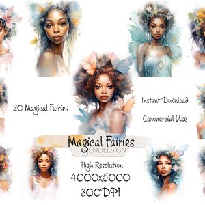 20 Watercolour Fairy, Enchanted Fairy Girls, Fairies, Clipart, White Background graphics PNG, Fairy Clipart instant download, commercial use