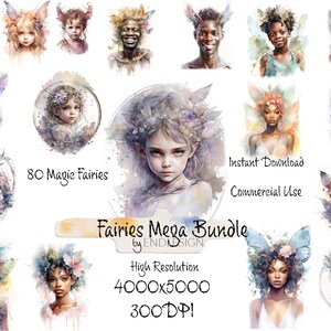 Watercolour Fairy Mega Bundle , 80 Magic Fairy Girls, Fairies, Clipart, White Background graphics PNG, Clipart, Instant Download,