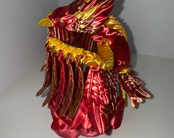 Flexi Phoenix Figurine – Red & Gold Bird with Fire Stand | Posable | 3D 2-piece Fantasy Display by 568 Creations | 2-piece Phoenix and stand