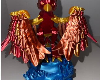 Flexi Phoenix Figurine – Red & Gold Bird with Crystal-Ice Stand | Posable | 3D Printed Fantasy Display by 568 Creations | 2-piece set