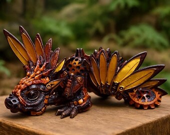 Baby Steampunk Dragon - Fantasy Collectible- Articulated 3D Printed Fantasy Figurine- Metallic Steampunk Dragon Baby- Metallic baby dragon