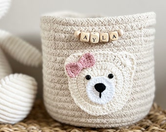 Storage basket for the children's room with crocheted teddy appliqué, customizable