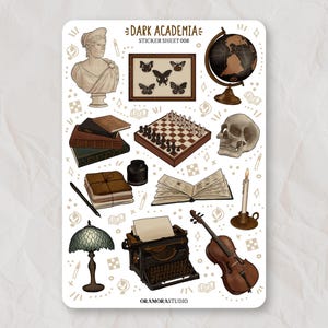 Feuille d'autocollants foncée Academia | Stickers pour carnets, agendas, scrapbooking | Stickers cosy, automne, bureau, vintage, universitaire