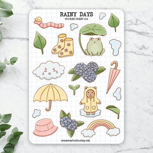 Rainy Days Sticker Sheet | Journal Stickers, Planner Stickers | Spring, Flowers, Nature, Weather, Rain | 20 Stickers