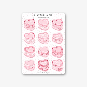 Sticker Sheet - Vintage Cakes | Journal & Planner Stickers | Pink, Retro, Heart Shaped