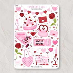 Hoja de pegatinas para el día de San Valentín / Pegatinas para diario, Pegatinas para planificador / Amor, Rosa, Cupido, Romance, Pegatinas para San Valentín