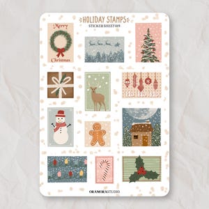 Hoja de pegatinas con sellos festivos, pegatinas para diario, pegatinas para planificador, pegatinas para álbumes de recortes y franqueo, pegatinas navideñas, de invierno y de vacaciones