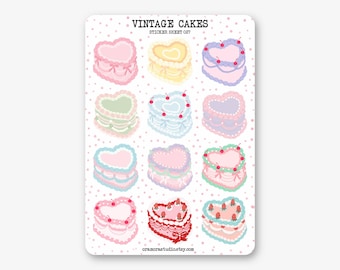 Stickervel - Vintage Cakes | Stickers voor dagboek en planner | Hartvormig, retro