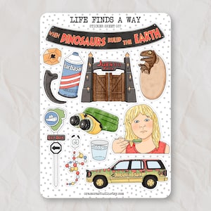 Stickervel Life vindt een weg | Dagboekstickers, plannerstickers, plakboek | 12 Jurassic Park-dinosaurusstickers