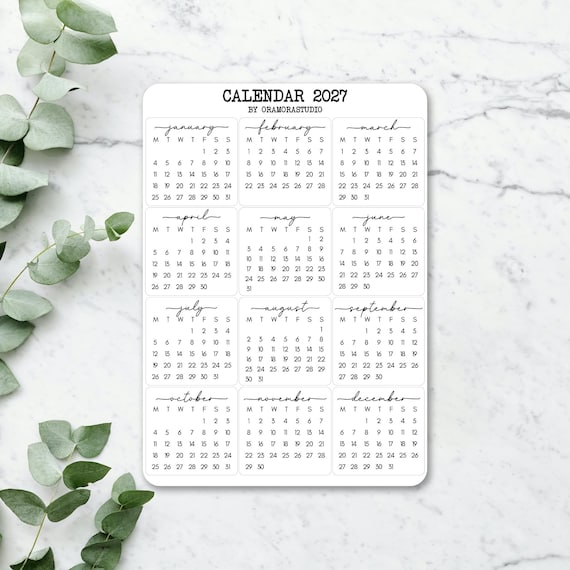 Sticker Sheet - Calendar 2027 | Journal & Planner Stickers | Simple, Minimalist, Monthly