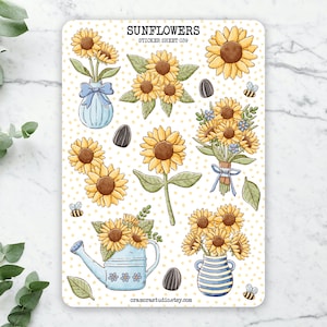Sunflowers Sticker Sheet | Journal Stickers, Planner Stickers | Yellow, Flowers, Summer | 16 stickers