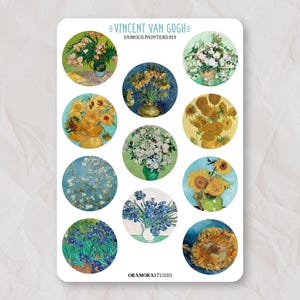 Vincent van Gogh-stickervel | dagboekstickers, plannerstickers | Rond, kunststickers, postimpressionistische stickers, beeldende kunst, zonnebloemen