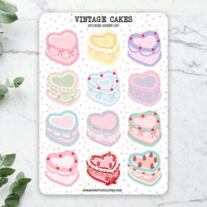 Vintage Cakes Sticker Sheet | Journal Stickers, Planner Stickers | Coquette Cake, Heart Cake, Valentine Cake | 12 Stickers