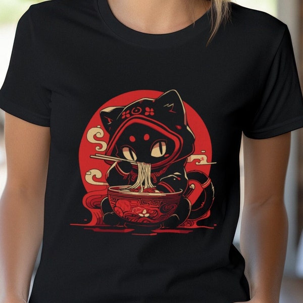 Cute Manga Cat T-Shirt | Whimsical Ramen Eating Anime Kitty Top | Cat Mom Shirt | Cat Gift Idea | Animal Lovers Tee | Foodies Outfit
