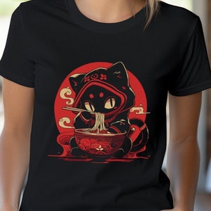Leuk manga-shirt met kat | Grillige ramen eten anime kitty top | Shirt kattenmoeder | Cadeau-idee voor katten | Animal Lovers-T-shirt | Foodies-outfit