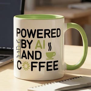 May include: A white coffee mug with a green interior and handle, featuring the text "POWERED BY AI AND COFFEE." A laptop with code on the screen, a succulent plant, and a keyboard are also on the desk.