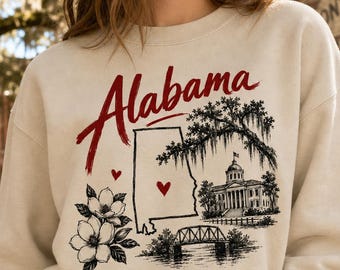 Alabama Sweatshirt, Hand Drawn Landmarks, Magnolia Live Oak and State Outline Sketch