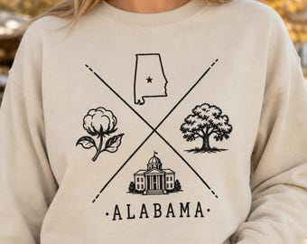 Alabama Sweatshirt, Minimalist Line Art Badge, Cotton Boll Oak Tree State Outline
