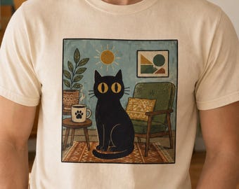 Mid Century Modern Cat Dad Shirt, Retro Black Cat Illustration, Vintage Cozy Home Art