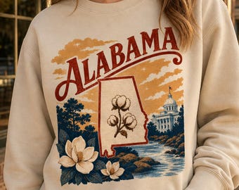 Alabama Sweatshirt, Retro Travel Poster Design, Cotton Boll and State Outline, Southern Pride
