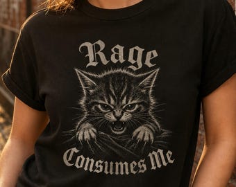 Gothic Cat Shirt, Angry Cat Dark Humor Tee, Rage Consumes Me Goth Print, Halloween Kitten T-Shirt, Grunge Metal Style Top
