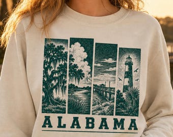 Alabama Sweatshirt, Vintage Block Print Live Oak, Spanish Moss Southern Landscape