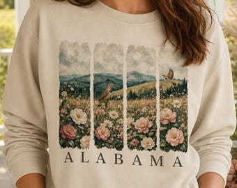Alabama Wildflower Sweatshirt, Watercolor Camellia Meadow, Yellowhammer Home State Nature