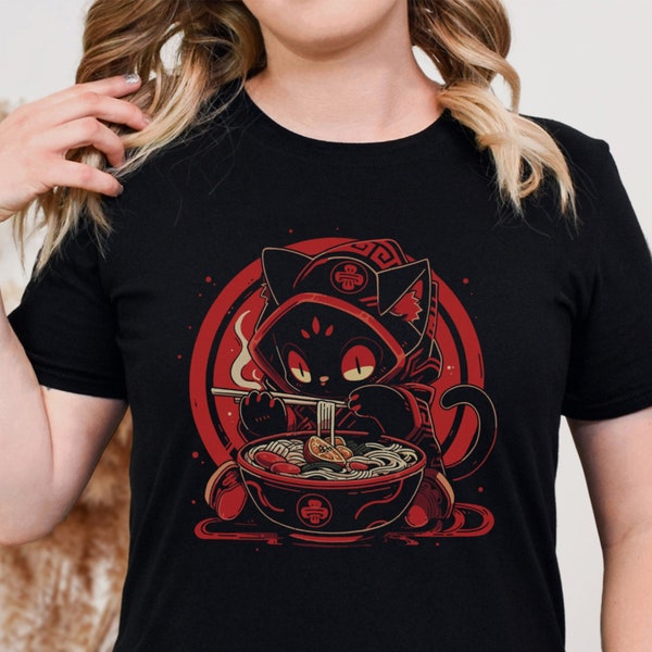 Anime Cat T-Shirt, Cute Ramen Eating Manga Kitty Tee, Cat Lovers Gift, Ramen Bowl Fan Shirt, Animal Lovers Top, Foodies TShirt, Sweatshirt