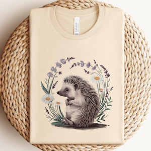 Cute Hedgehog T-Shirt, Boho Hedgehog Tee, Vintage Style Animal Shirt, Wildflower Hedgehog Graphic, Nature Inspired TShirt, Hedgehog Mom Gift