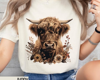 Süßes Highland Cow Shirt, Blumen Natur T-Shirt, Bauernhof Tier T-Shirt, Blumen Cowgirl Shirt, Boho Style Highland Cattle T-Shirt, Comfort Colors T-Shirt