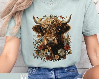 Floral Highland Kuh T-Shirt, Boho Comfort Colors Tee