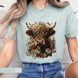 Floral Highland Cow T-Shirt, Boho Style Cow Shirt, Farm Animal Tee, Flower Cow Shirt, Vintage Comfort Colors Tee, Cute Cow Gift for Women