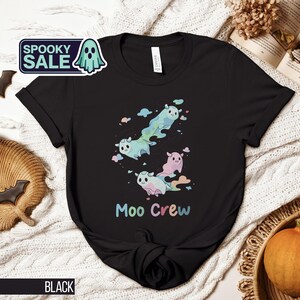 Cute Moo Crew T-Shirt, Funny Ghost Cow Tee, Halloween Cow Design, Fun Animal Lovers Shirt, Halloween Party T Shirt, Gift for Cow Lovers