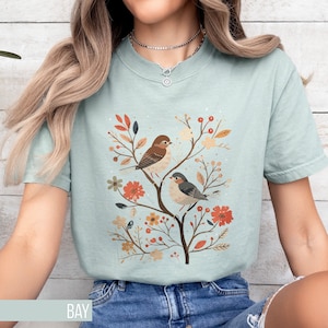 Vintage style flower shirt, folk art bird shirt, boho shirt with nature design, folk art t shirt with flowers and birds, aesthetic shirt